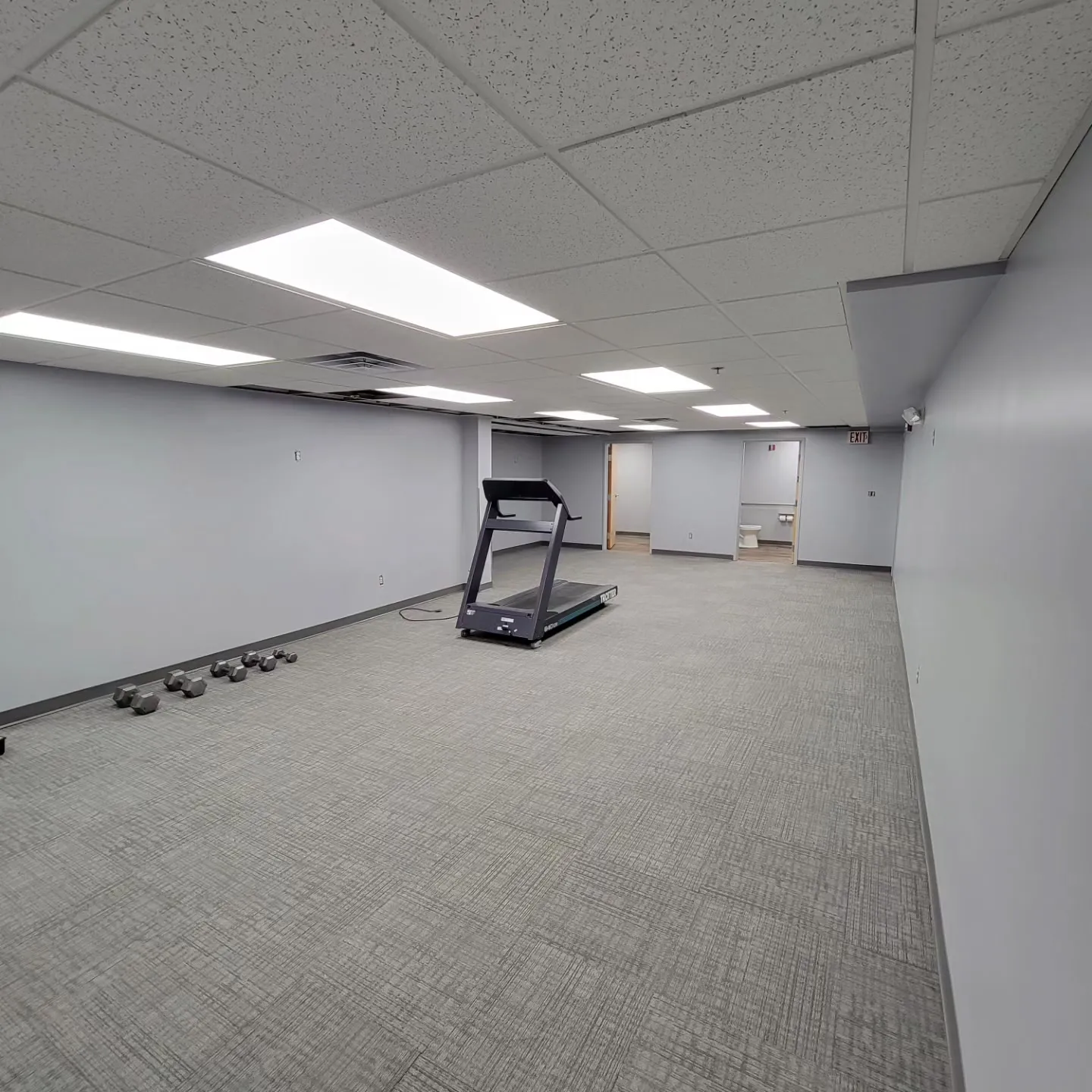 Commercial office repainted by Nappi's Painting, light gray walls and new carpet in a finished open workspace