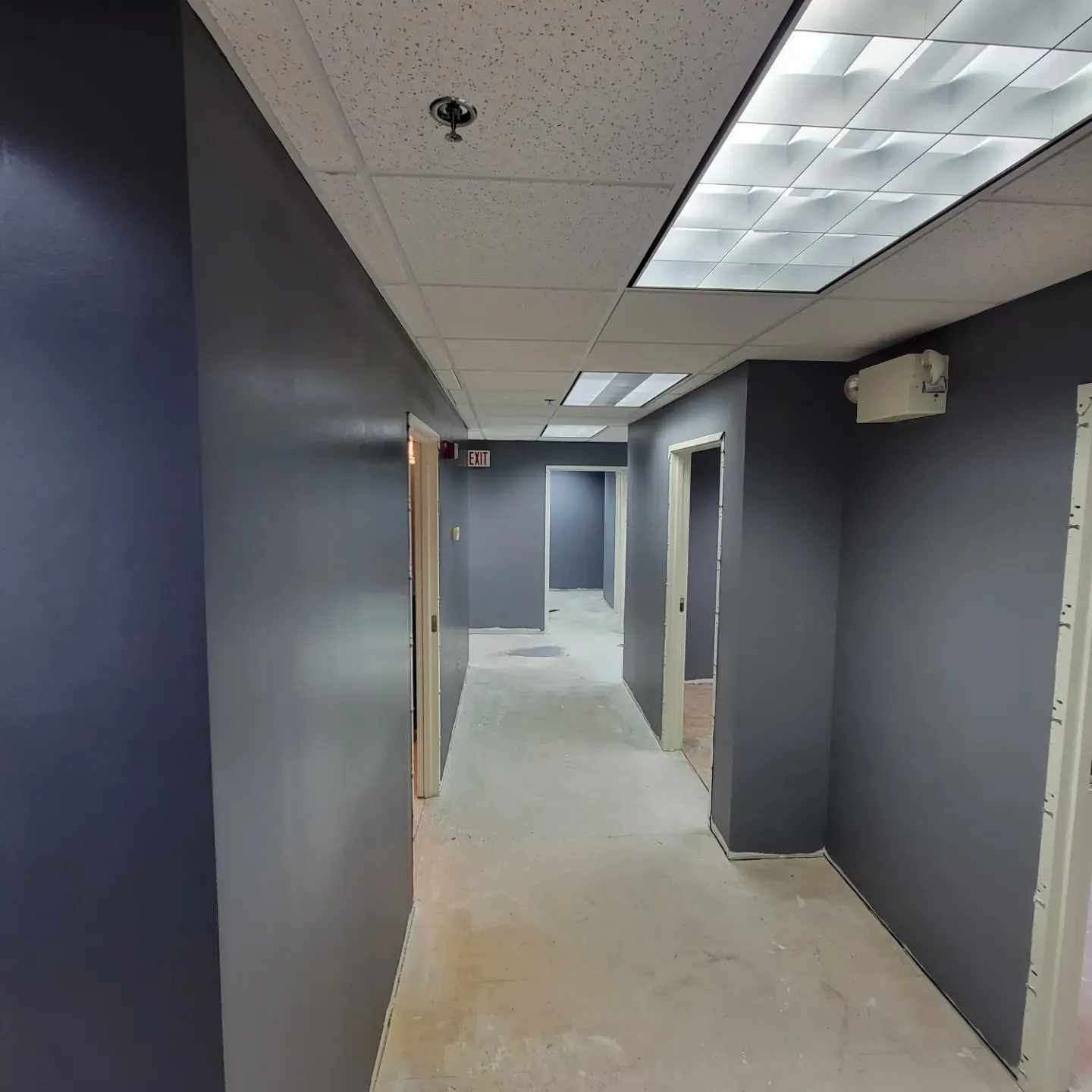Finished office corridor in deep slate blue with clean cut lines at the ceiling and door frames